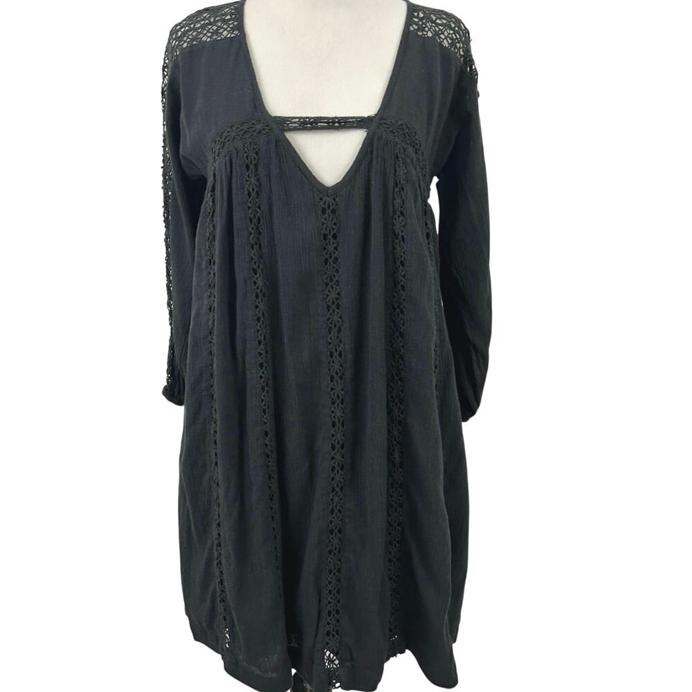 American Eagle Black Crochet Lace Babydoll Mini Dress XS Boho Long Sleeve